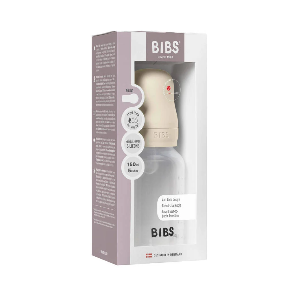 BIBS Babyfles 150 ml - Ivory - met silicone speen en opvouwbare trechtertje