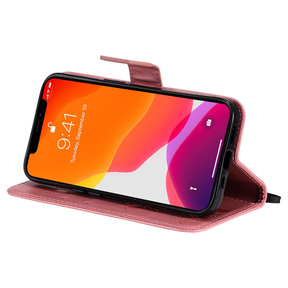 iPhone 14 Leder Tasche Flip Cover Baum Imprint - Rosa