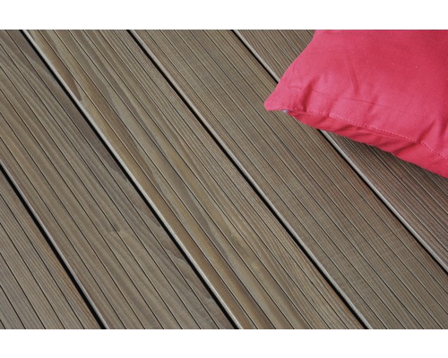Terrasplank, thermisch gemodificeerd essenhout, massief profiel, gegroefd/glad, 21x135x2500 mm, donkerbruin