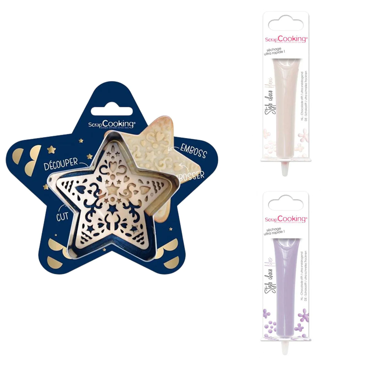 Kit pour biscuit en relief Étoile + 2 Stylos au chocolat blanc et lila