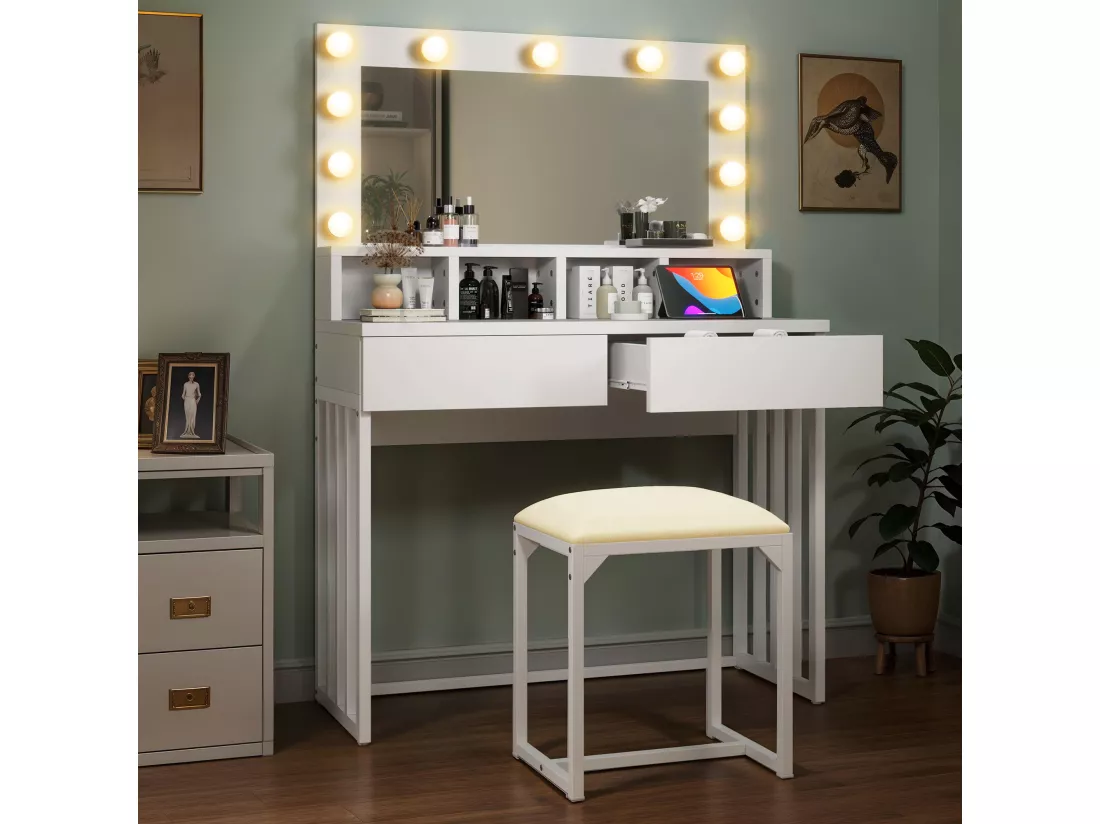 YITAHOME Coiffeuse avec Éclairage Coiffeuse avec Miroir et Taburet - Coiffeuse avec 2 Tiroirs - Blanche