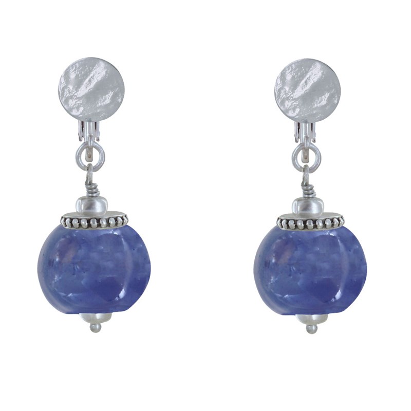Boucles d'Oreilles Clip Métal Argenté et Grosses Perles en Céramique