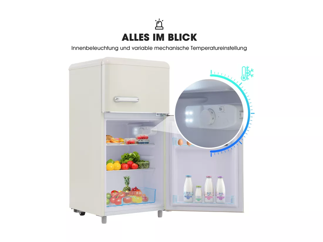 Réfrigérateur rétro, réfrigérateur à double porte supérieure et inférieure, volume total de 72 litres, avec volume de congélation de 21 litres, 120 kWh/an, éclairage LED