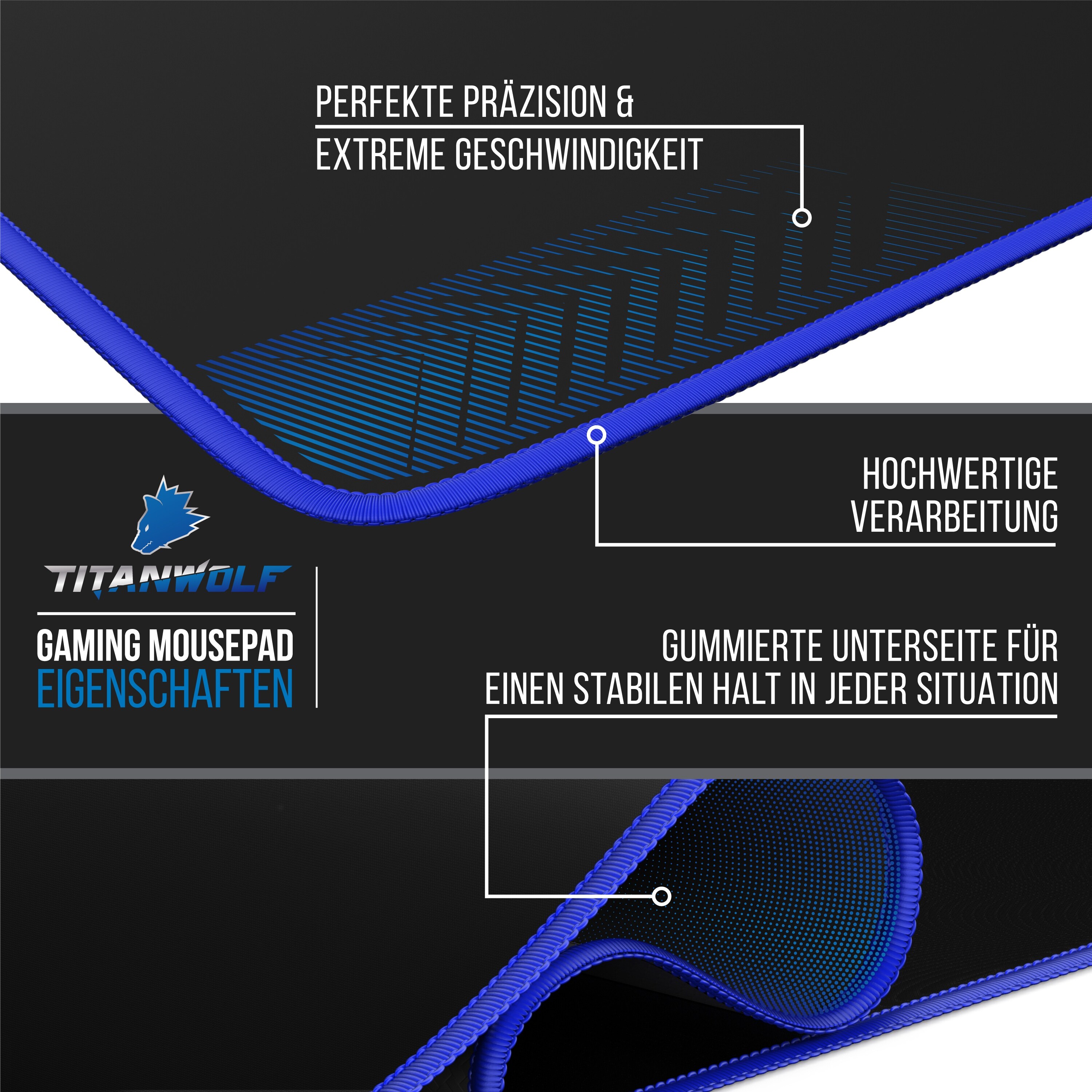 Titanwolf Gaming Mauspad, XXXL Speed Mousepad 1200 x 600 mm, Geschwindigkeit & Präzision, Symbol Blue