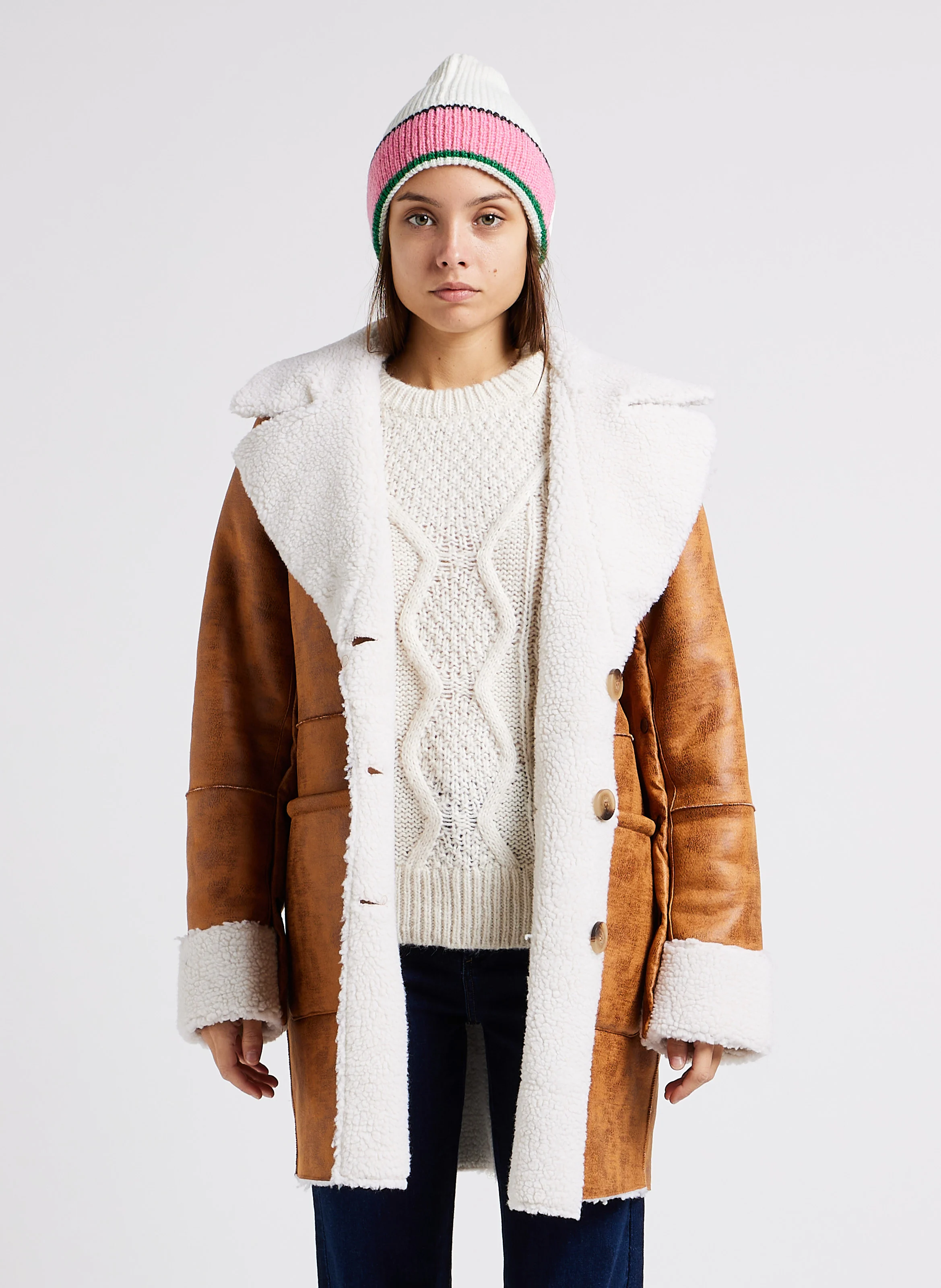 LOAL - Manteau col tailleur en fausse fourrure | Marron