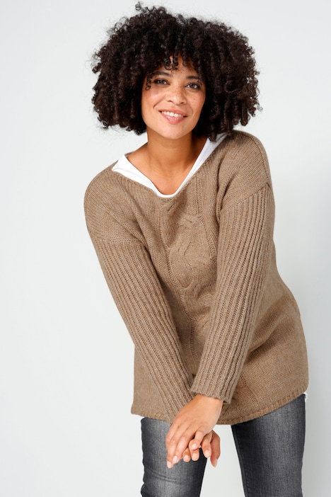 Pullover, oversized, Zopfmuster, U-Boot-Ausschnitt, Langarm