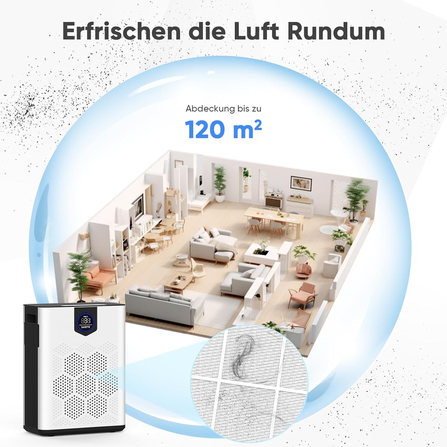 Luftreiniger für Allergiker, Wohnung und Raucherzimmer, mit 2 × HEPA 14-Filtern gegen Tierhaare, Schimmel, Staub, Pollen & Gerüche, CADR 350 m³/h für 120 ㎡, App-Steuerung, Timer, leise 22 dB