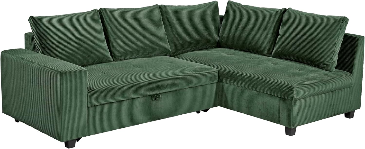 Ecksofa L-Form aus Cordstoff mit Schlaffunktion, grün (Wintermoss) – Liegefläche 147 × 207 cm, Breite 243 cm, Sitzhöhe 45 cm, Modell MIRA