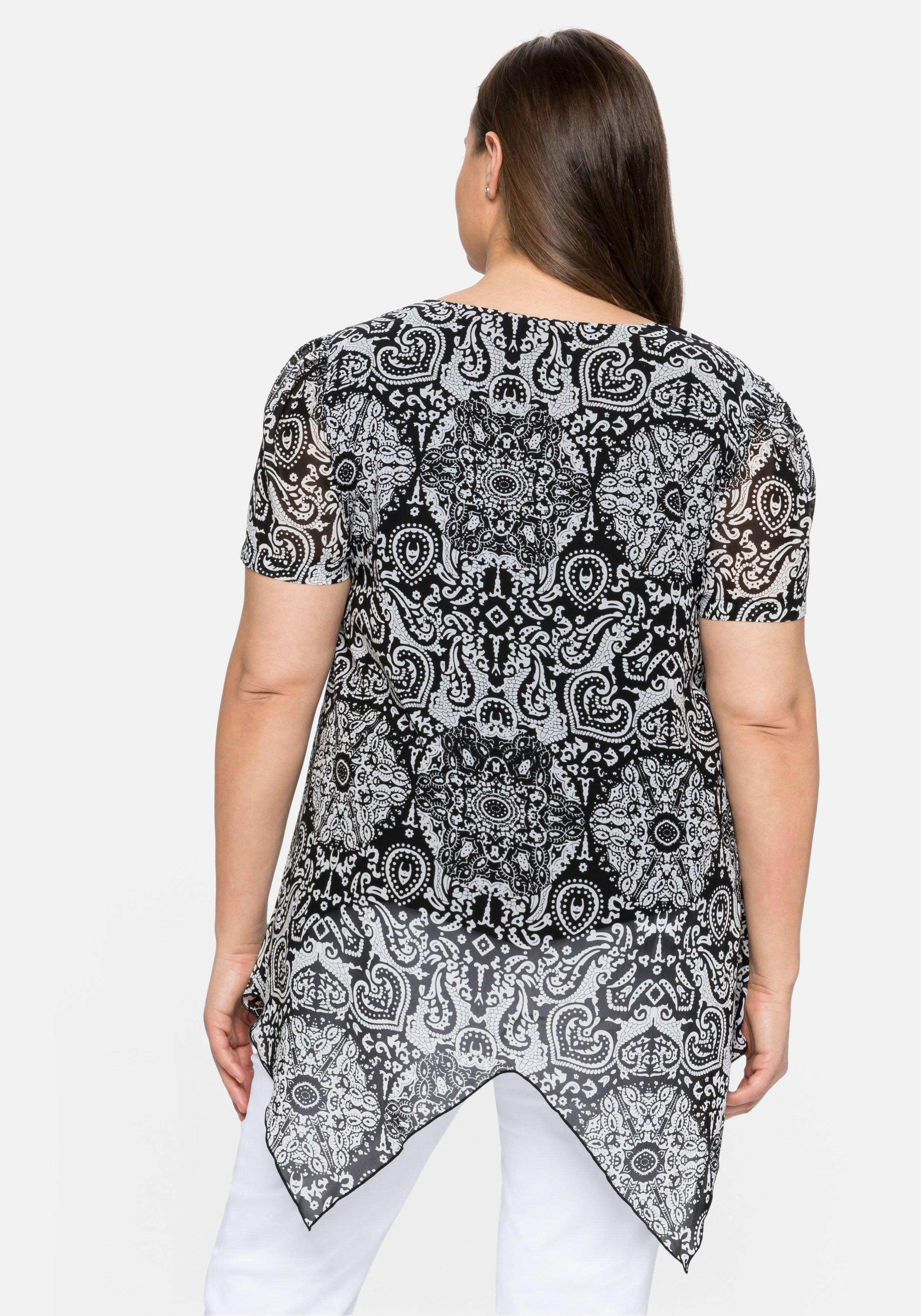 Chiffon-Tunika mit Alloverdruck und Zipfelsaum