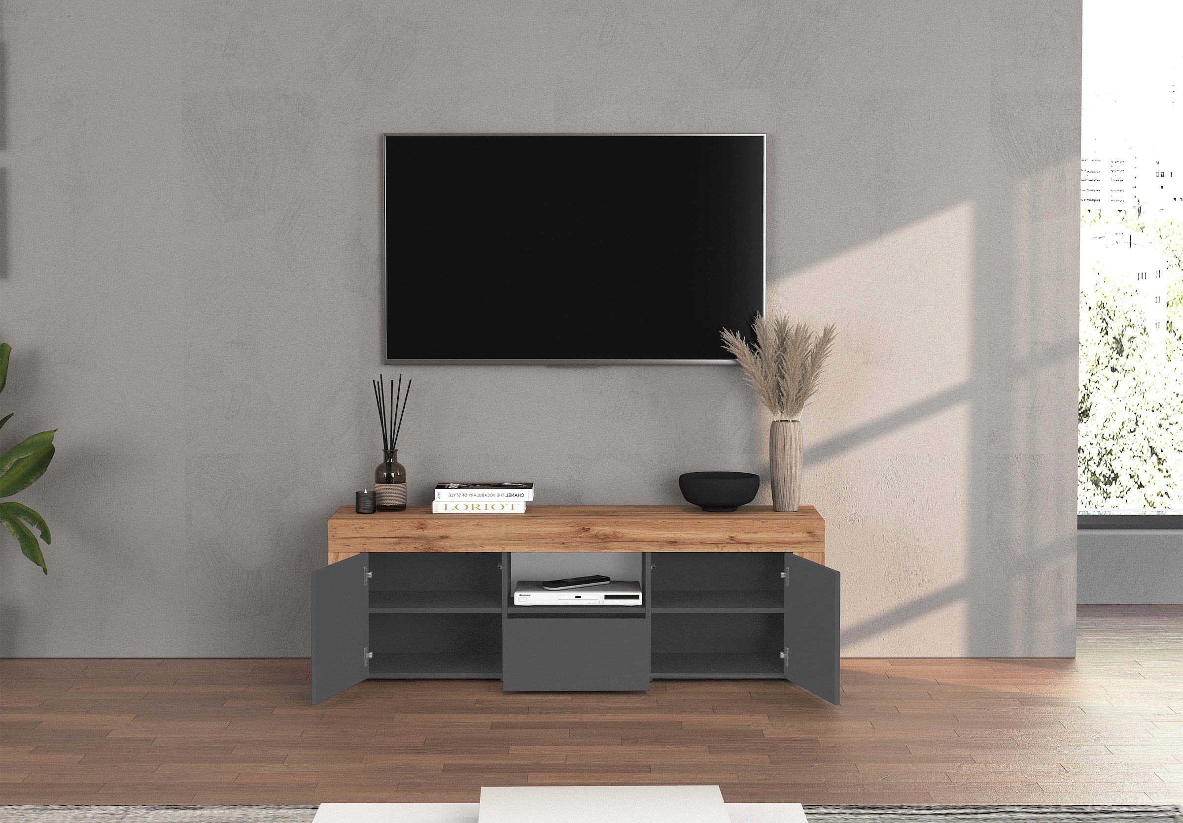 INOSIGN Lowboard »CHRONOS Breite 155 cm mit 2 Türen, 1 Schublade,1 offenes Fach« 1 Stk. tlg. TV-Board, Sideboard niedrig, Grifflos mit Push to Open 'Made in Italy'