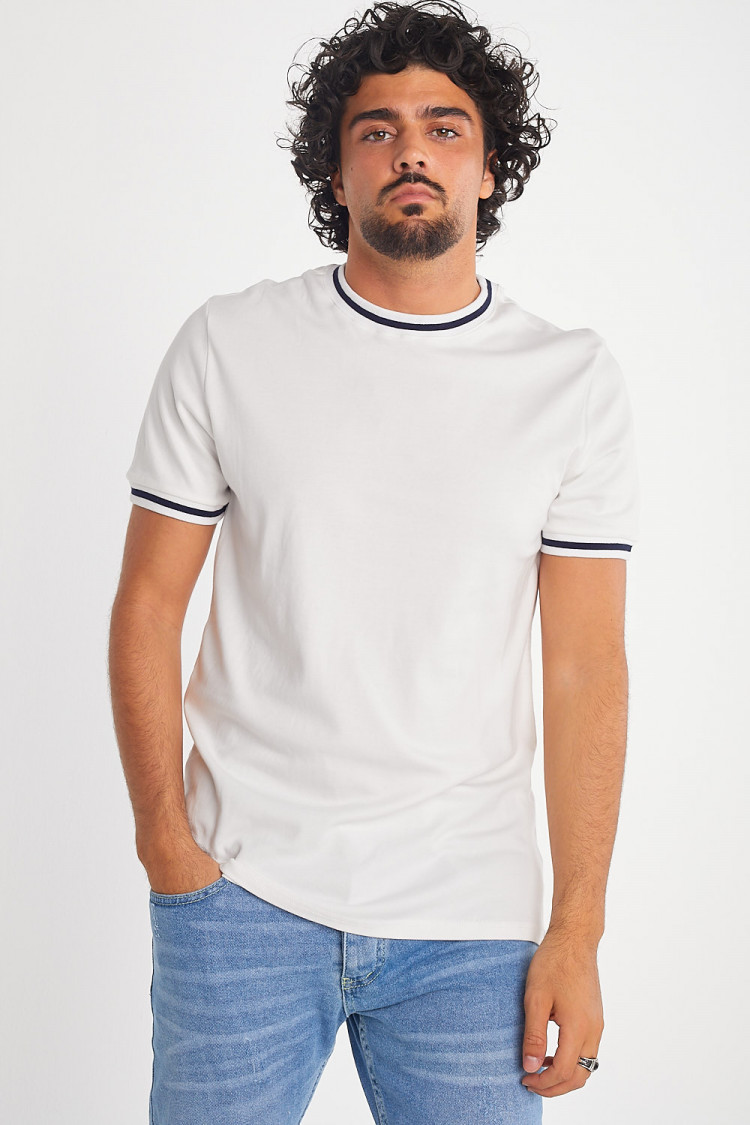 T-shirt blanc col rond à bandes noires