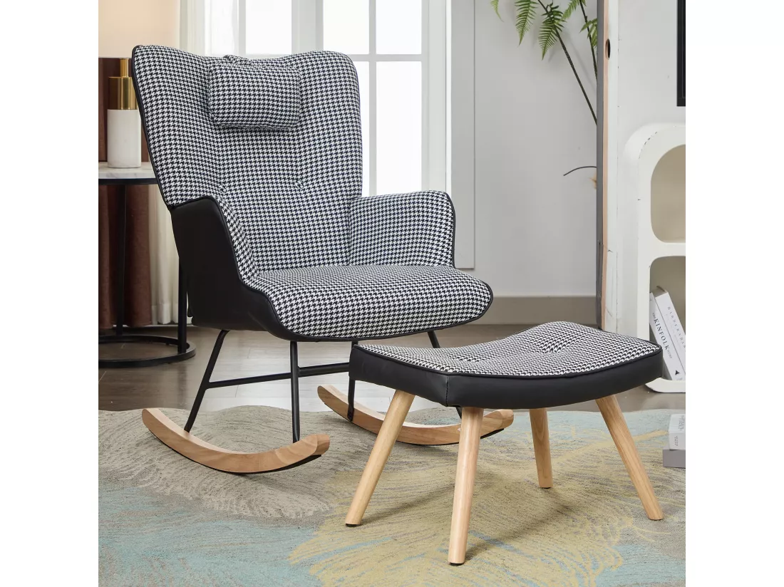 Fauteuil à bascule avec poche latérale, appui-tête et repose-pieds - 85 x 65 x 96 cm - Motif chippendale - Noir + blanc