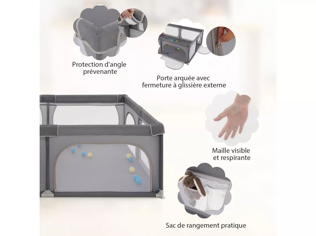 Parc pour Bébé avec 50 Balles Océaniques, Centre d'Activités avec Base Antidérapante, Maille Respirante, Porte à Fermeture Eclair, 206×147×68,5CM (Gris foncé)