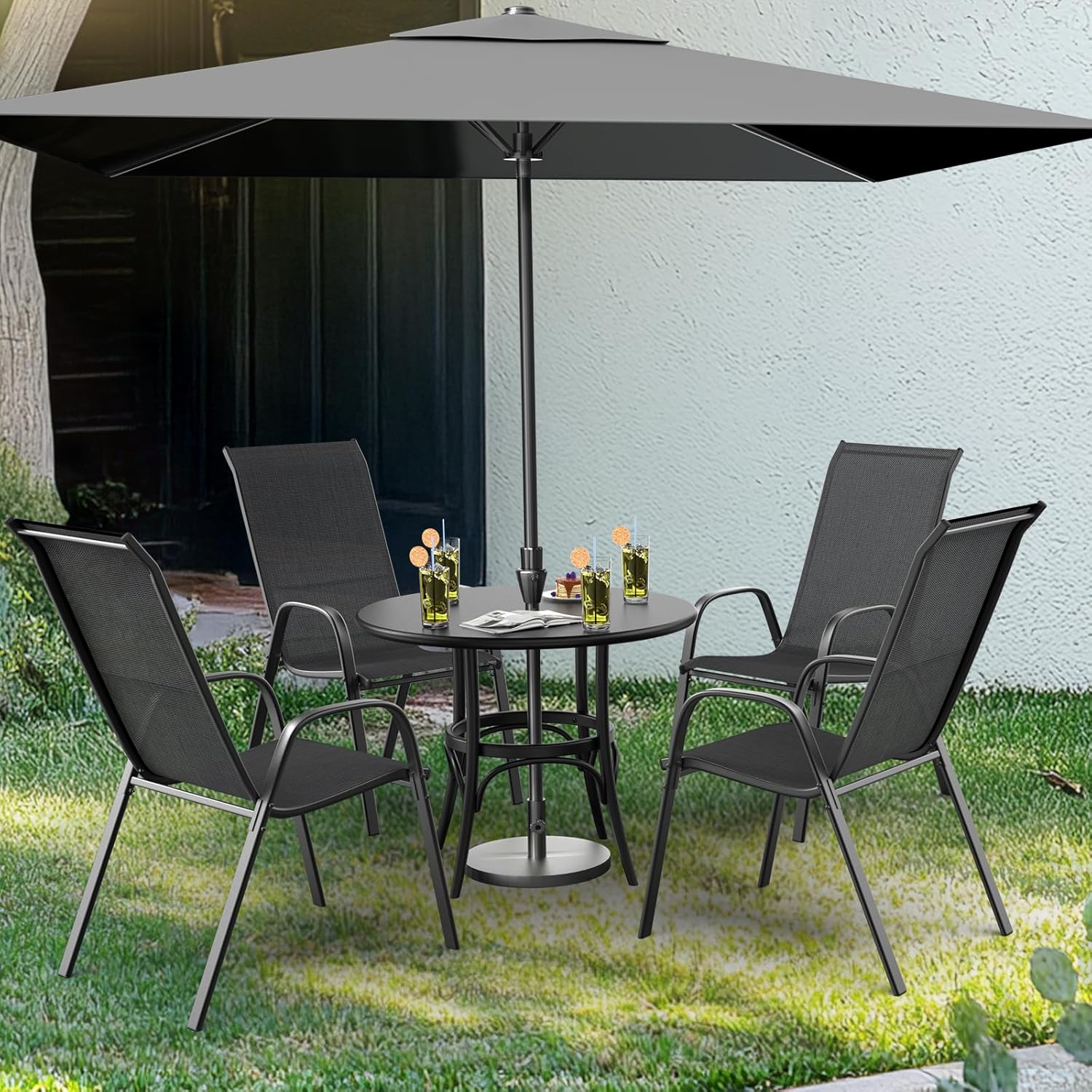 Bonnlo Stapelbare Gartenstühle 6er Set, Outdoor-Essstühle, Wetterfeste Stapelstühle mit Atmungsaktivem Textilene, Robustes Metallgestell, für Balkon, Terrasse & Garten, bis 180 kg, Schwarz