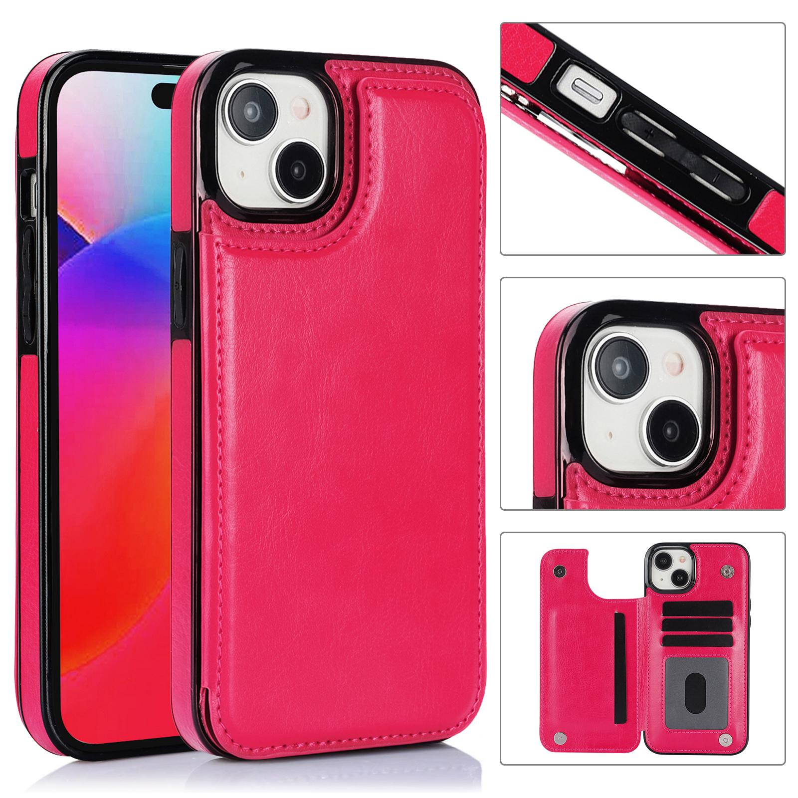 iPhone 15 Hybrid Leder Hülle mit Kartenfach   Kickstand Aufsteller - Pink