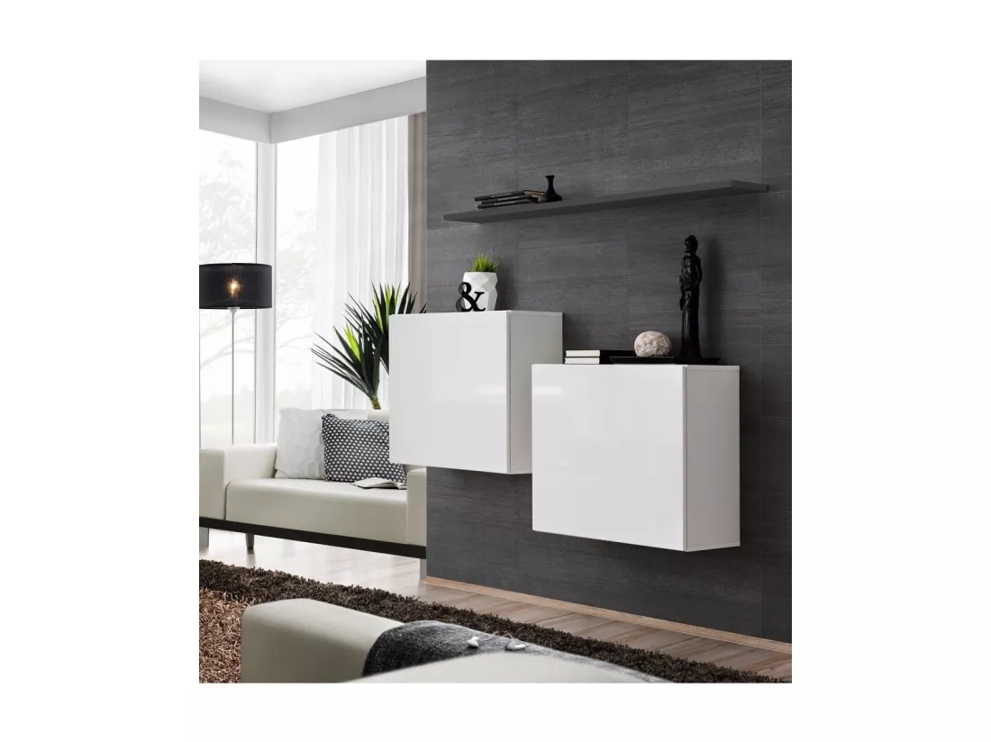 Ensemble meubles de salon SWITCH SBI design, coloris blanc brillant et étagère grise.