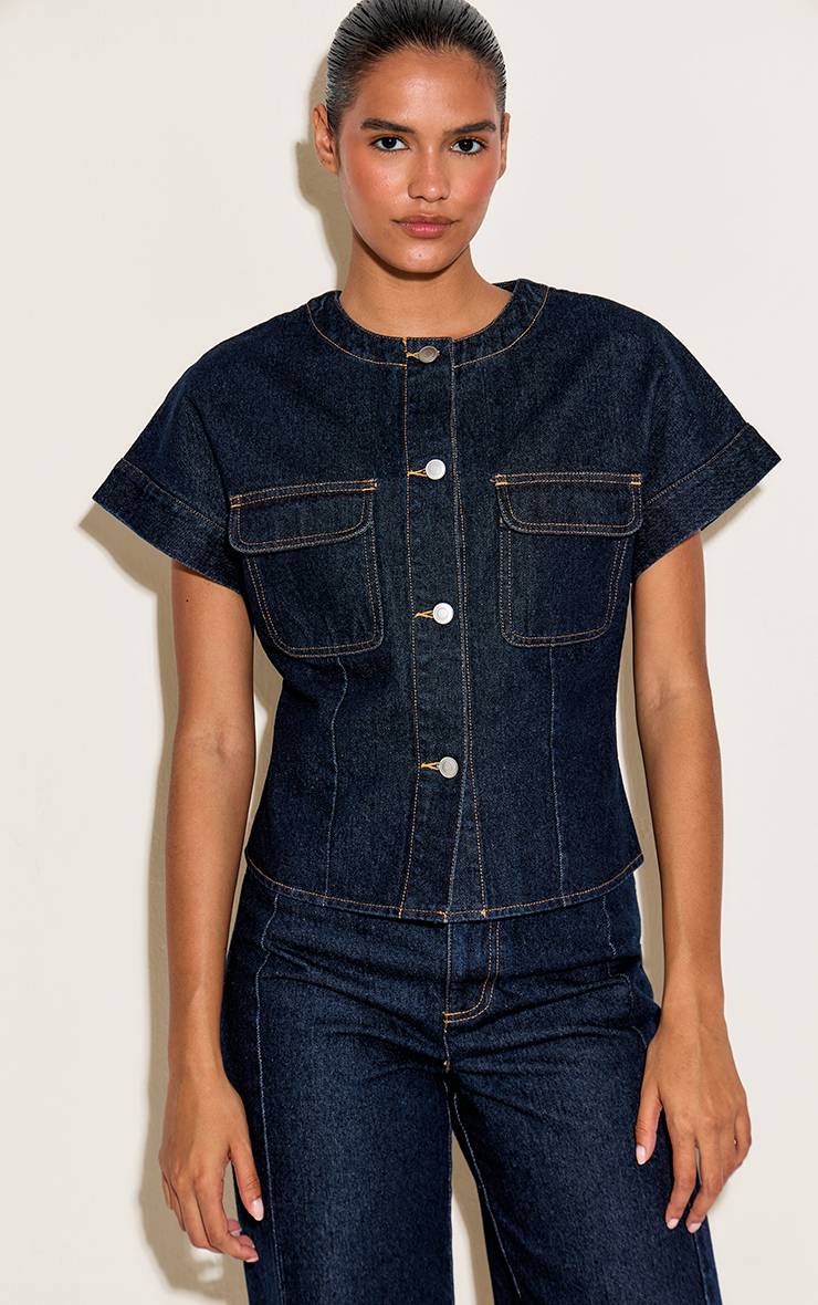 Bleu Indigo Chemise En Jean Courte À Col Rond Avec Détail De Poches