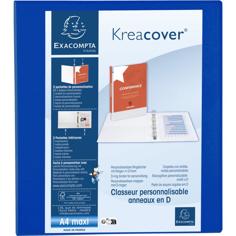 Classeur 4 anneaux plastifié Exacompta Kreacover® personnalisable A4 maxi - Dos 7,5 cm bleu