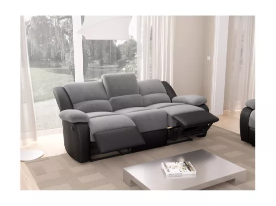 Canapé de Relaxation électrique 3 places Microfibre et Simili Léo - Noir et gris - L193 x 93 x 96cm - Loungitude