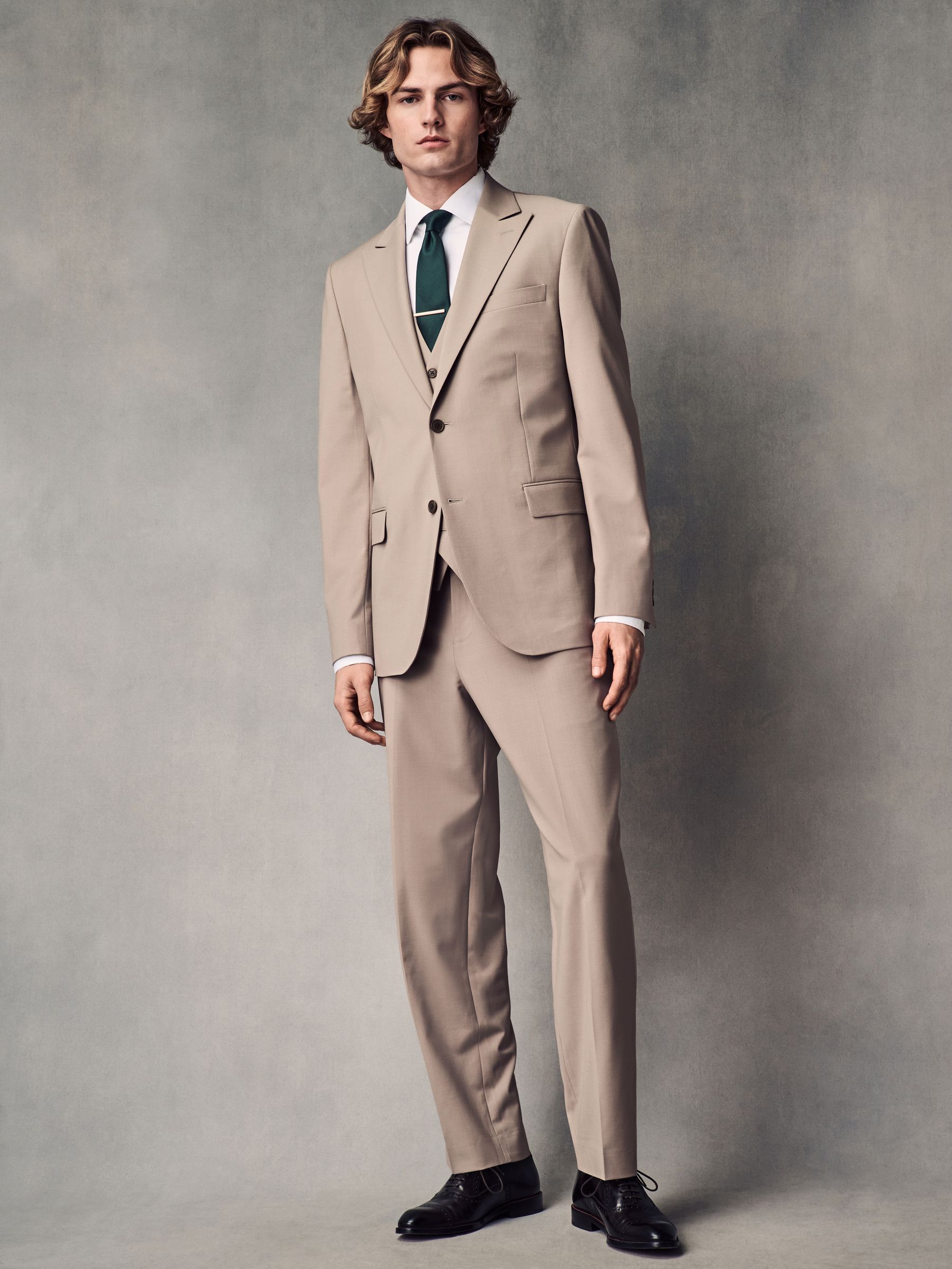 Pastelgeel - Slim fit Jack van wol Blend Motionflex Pak