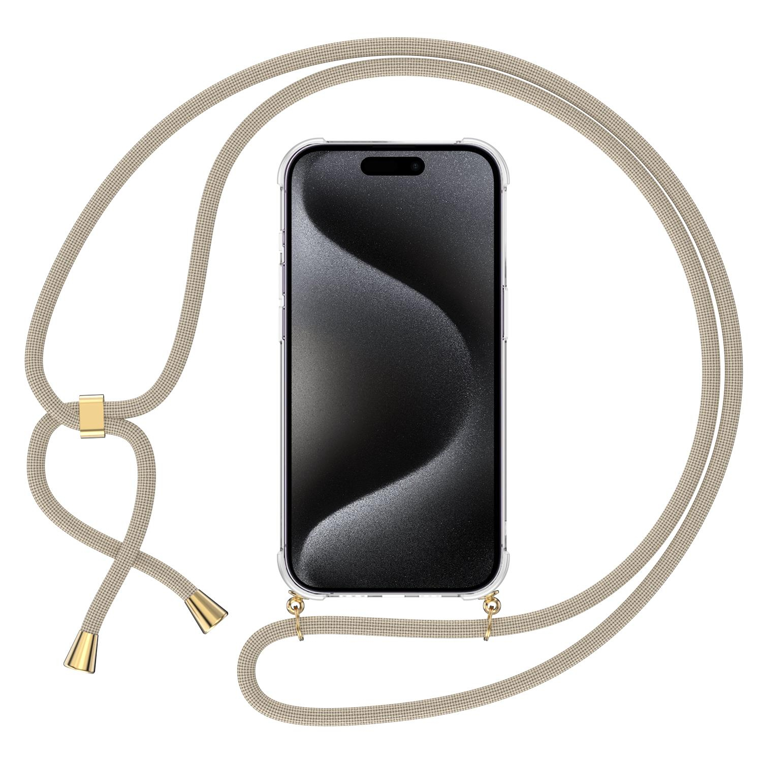 iPhone 15 Pro Necklace Gummi Hülle Air Cushion Fallschutz   Handykette (150cm) - Beige / Gold