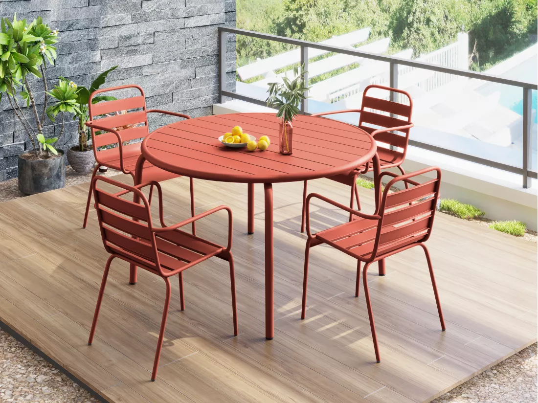 Salle à manger de jardin en métal - une table D.110 cm et 4 fauteuils empilables - Terracotta - MIRMANDE de MYLIA