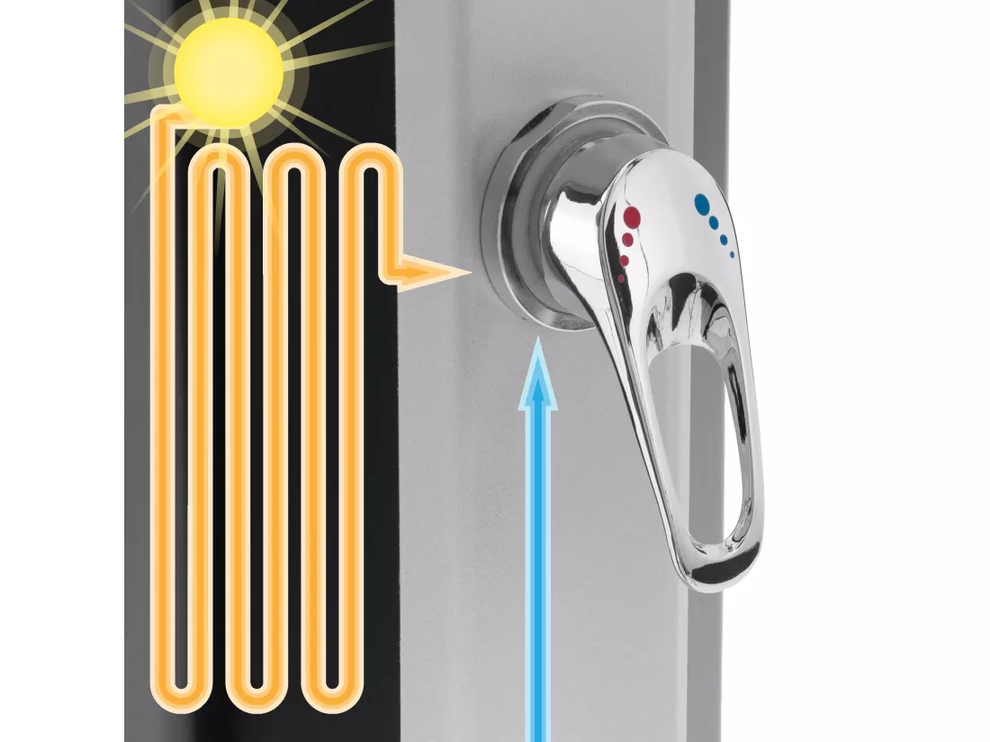 Douche solaire pour l’extérieur 35 litres noir/argent + robinet raccord eau pied