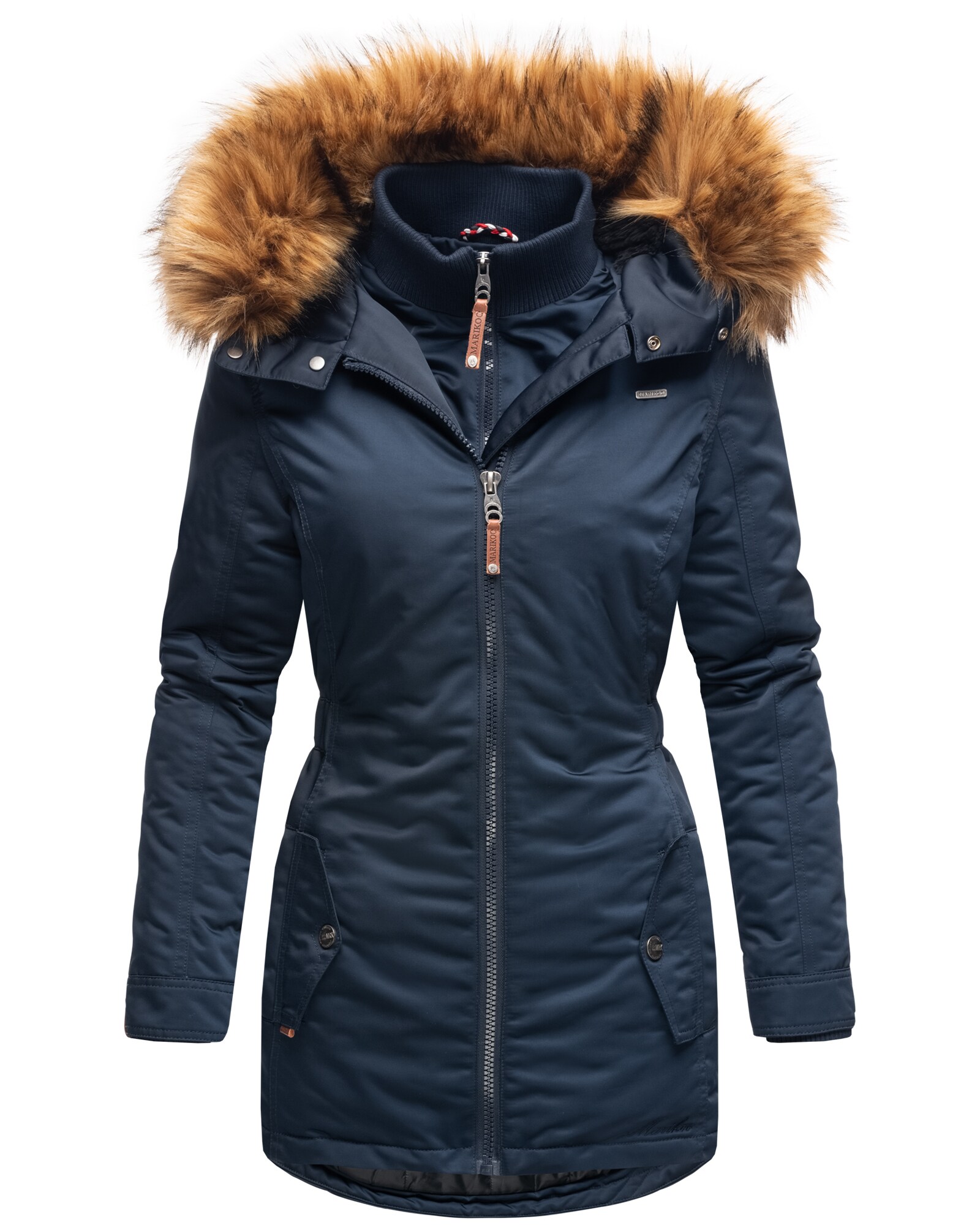 MARIKOO Damen Eleganter Wintermantel Kurzmantel mit Kunstfellkapuze Sanakoo