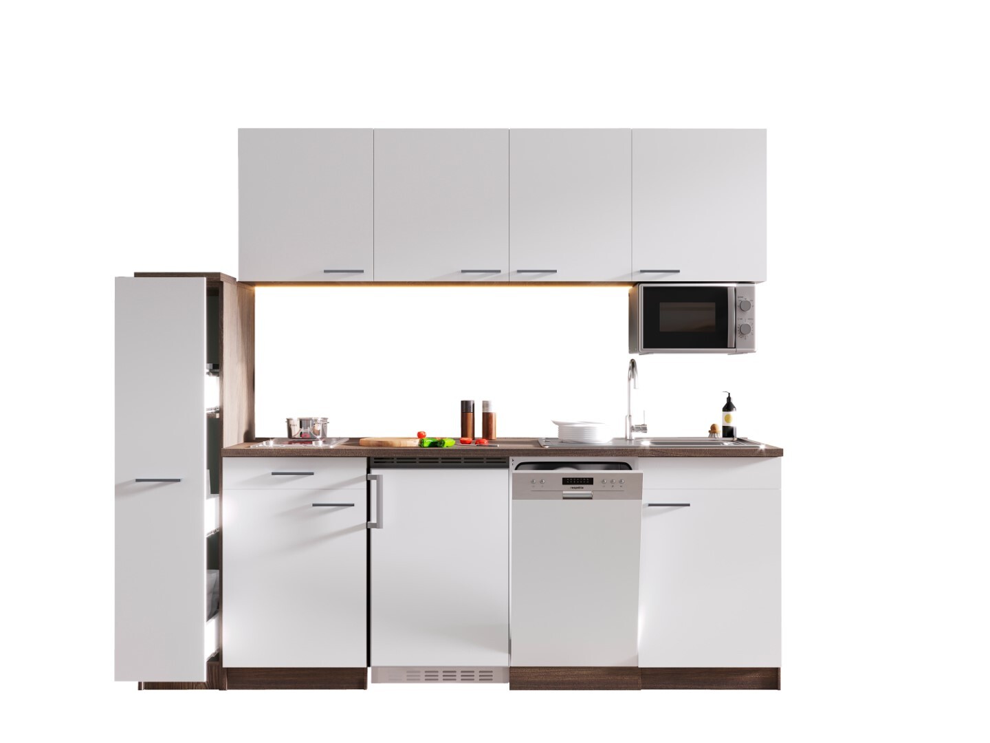 RESPEKTA Singleküche OLIVER - weiß - Eiche York - mit E-Geräten - Glaskeramikkochfeld - 225 cm