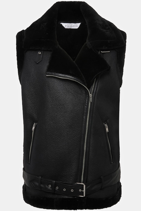 Bikerweste, Shearling, Hemdkragen, schräger Zipper, 2 Zipptaschen