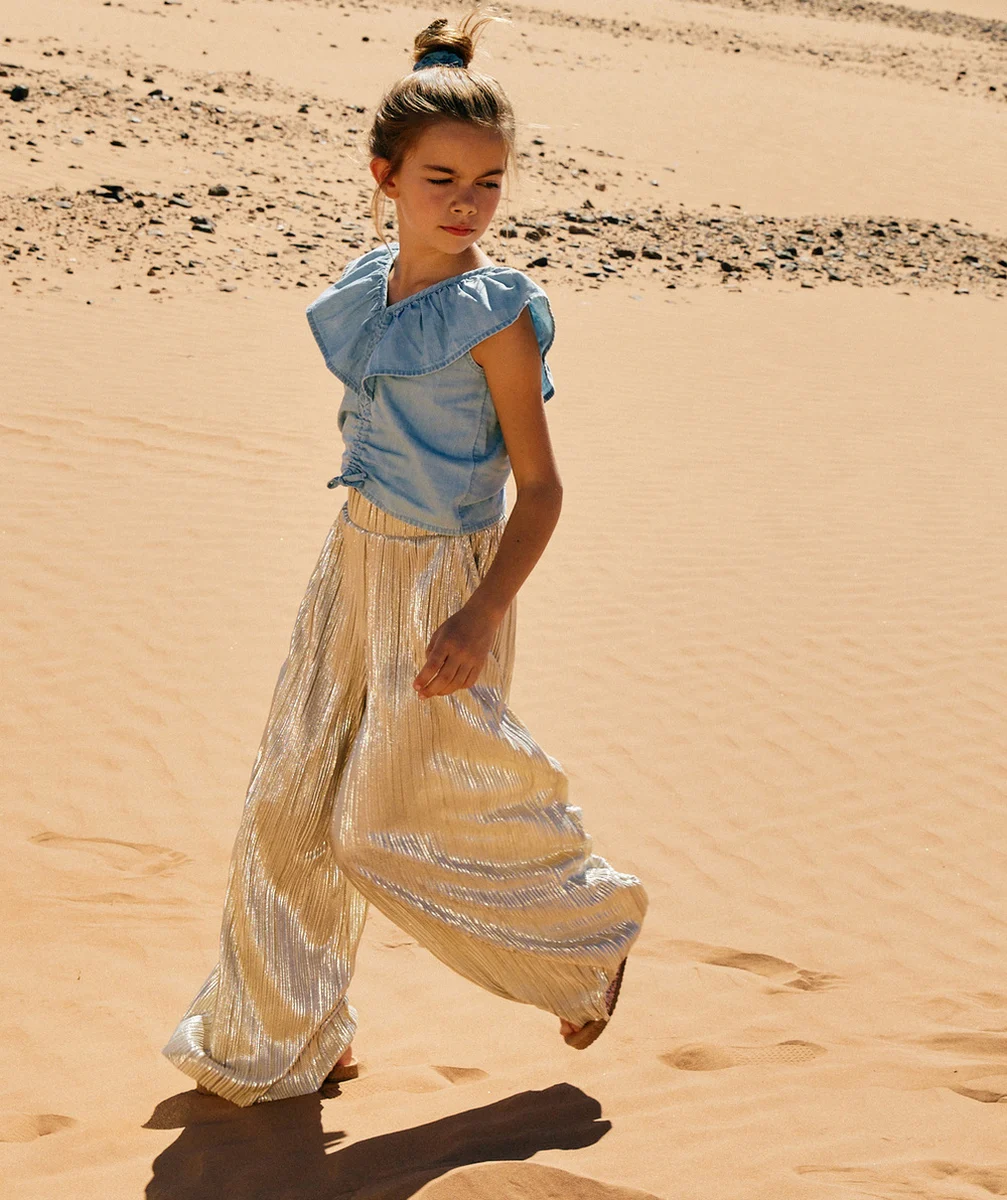 PANTALON LARGE FILLE PLISSÉ COULEUR DORÉE PAILLETÉ