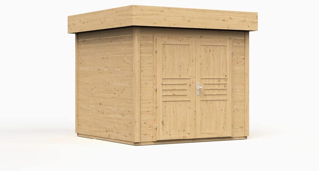 Holz Gerätehaus Livo 2 | Gartenhaus | Wandstärke 28 mm | Naturbelassen | BxTxH: 283,5 x 277,6 x 246,5 cm | Sockelmaß: 254 x 248 cm | Inkl. Doppelflügeltür