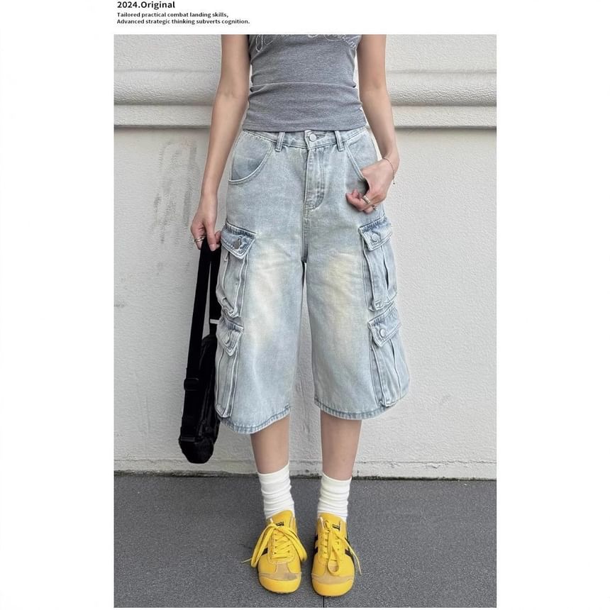 Striinkie - Hoge taille gewassen wijde cargo denim jorts