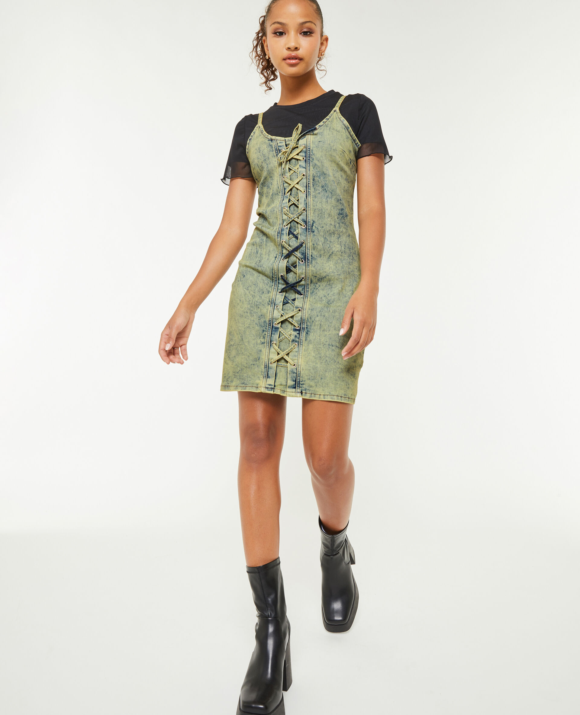Robe courte en jean avec laçage - Bleu