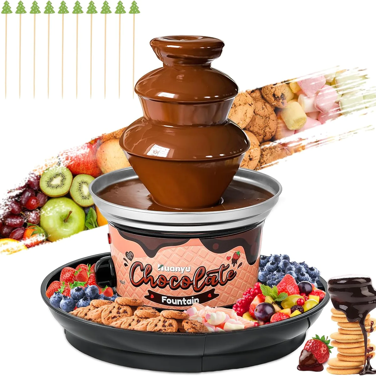 Fontaine à chocolat à 3 étages avec 10 brochettes en bambou noir Vendo