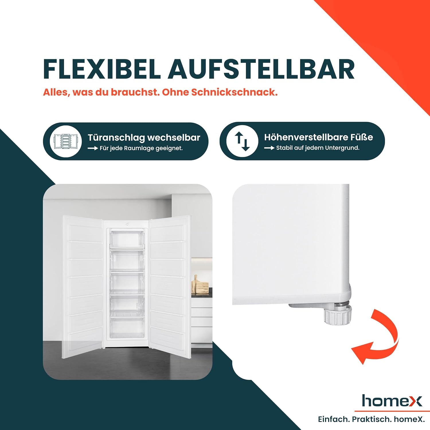 homeX Gefrierschrank, Tiefkühlschrank groß - 168L Nutzinhalt, 4-Sterne Gefrieren, XXL Freezer, Gefrierschränke freistehend, Temperaturregelung, wechselbarer Türanschlag, leise 40 dB, Gefriergerät weiß