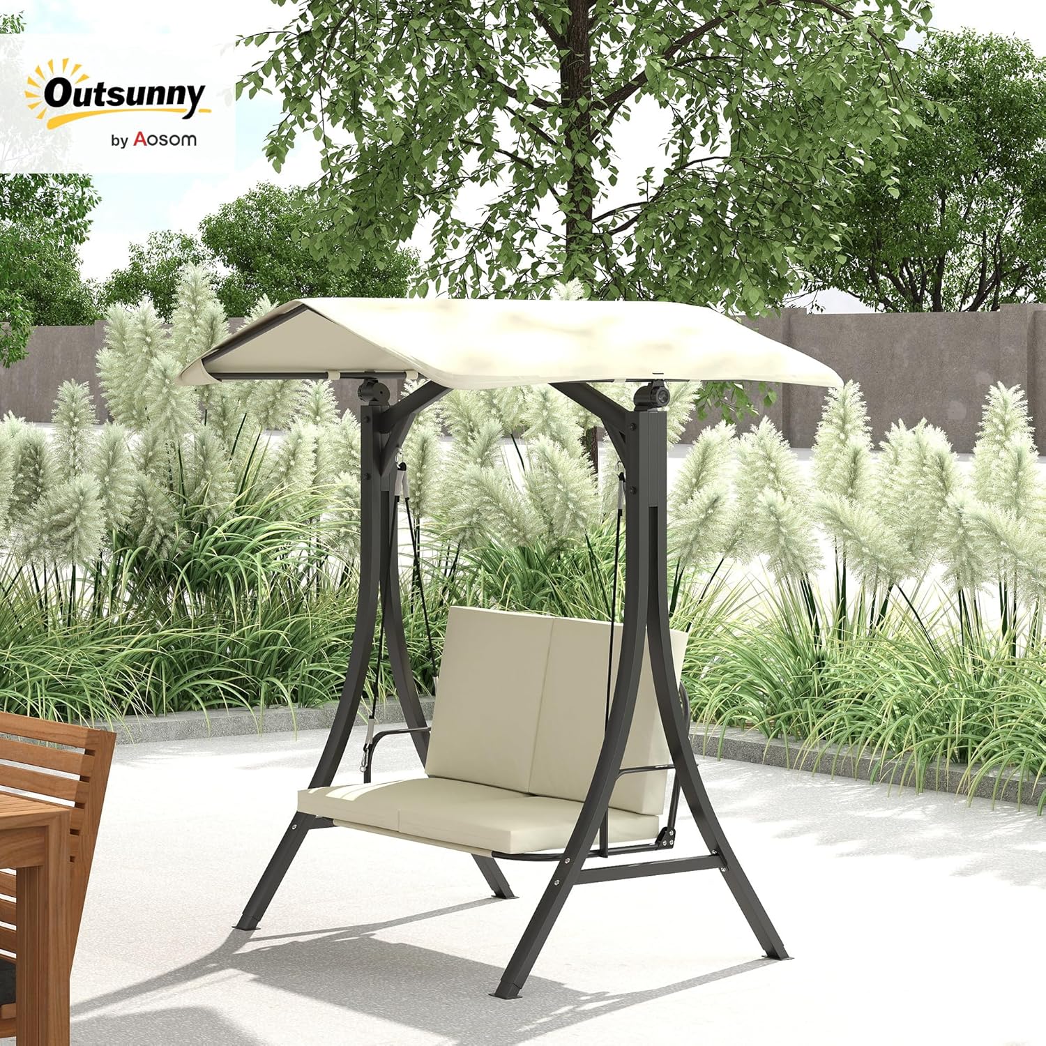 Outsunny Hollywoodschaukel mit verstellbarem Sonnendach Sitzauflage, 2-Sitzer Gartenschaukel belastbar bis 220kg, UV 30+ Schaukelbank für Garten, Terrasse, 150x120x182cm, Cremeweiß
