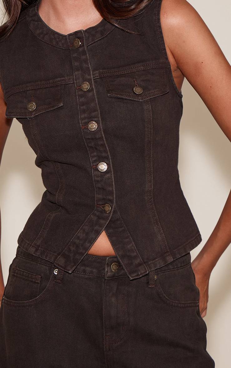 Dark Chocolate Haut En Denim Sans Col Avec Boutonnage