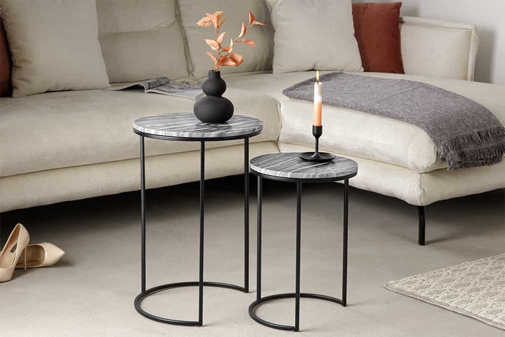 Design Beistelltisch 2er Set ELEMENTS 40cm grau Marmor schwarzes Gestell rund
