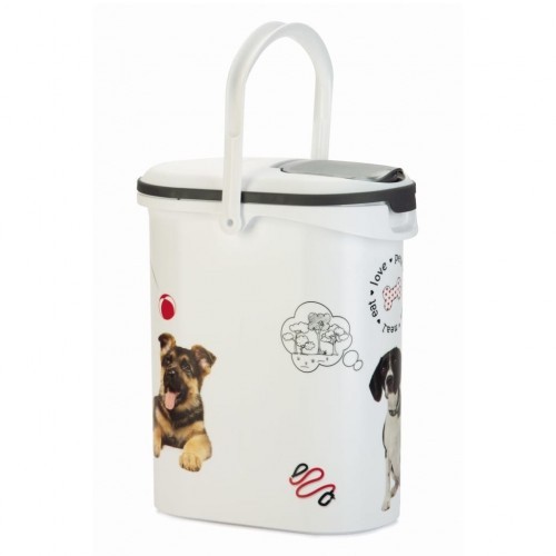 Recipiente branco para armazenar ração de cachorro com alça.