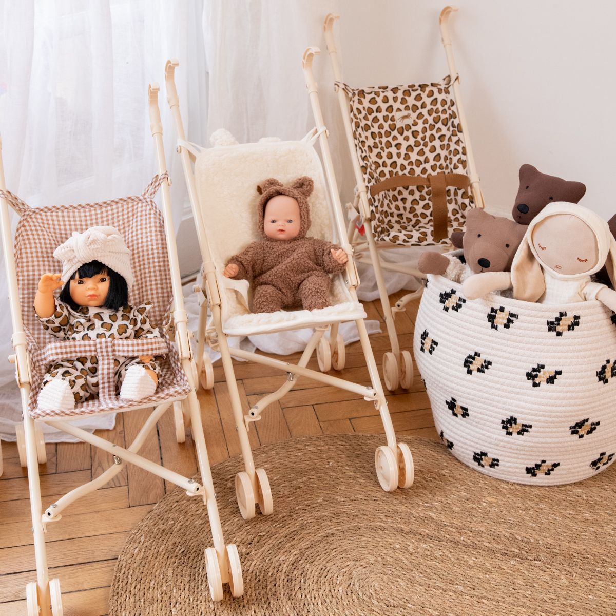 Poussette poupée vichy beige marron Frisette