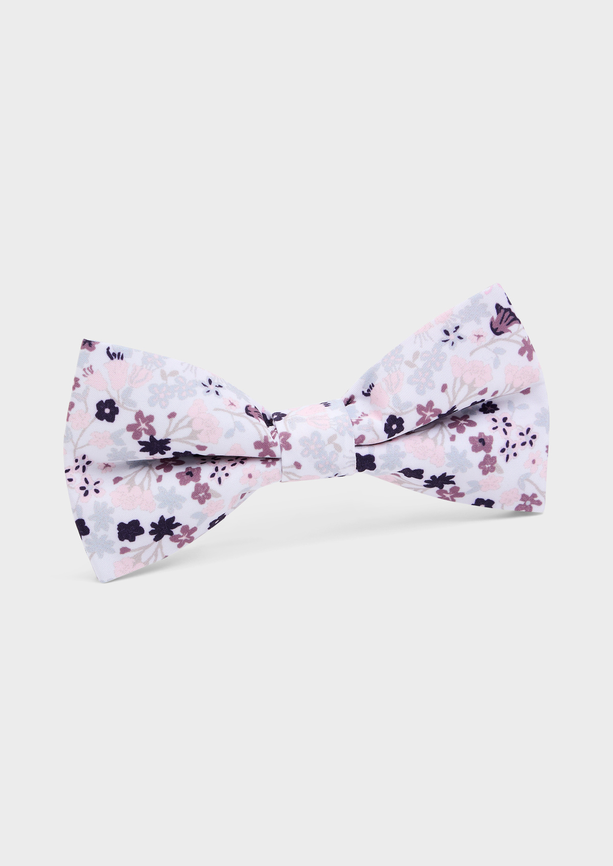 Noeud papillon blanc à motif fleuri rose, violet, taupe et gris
