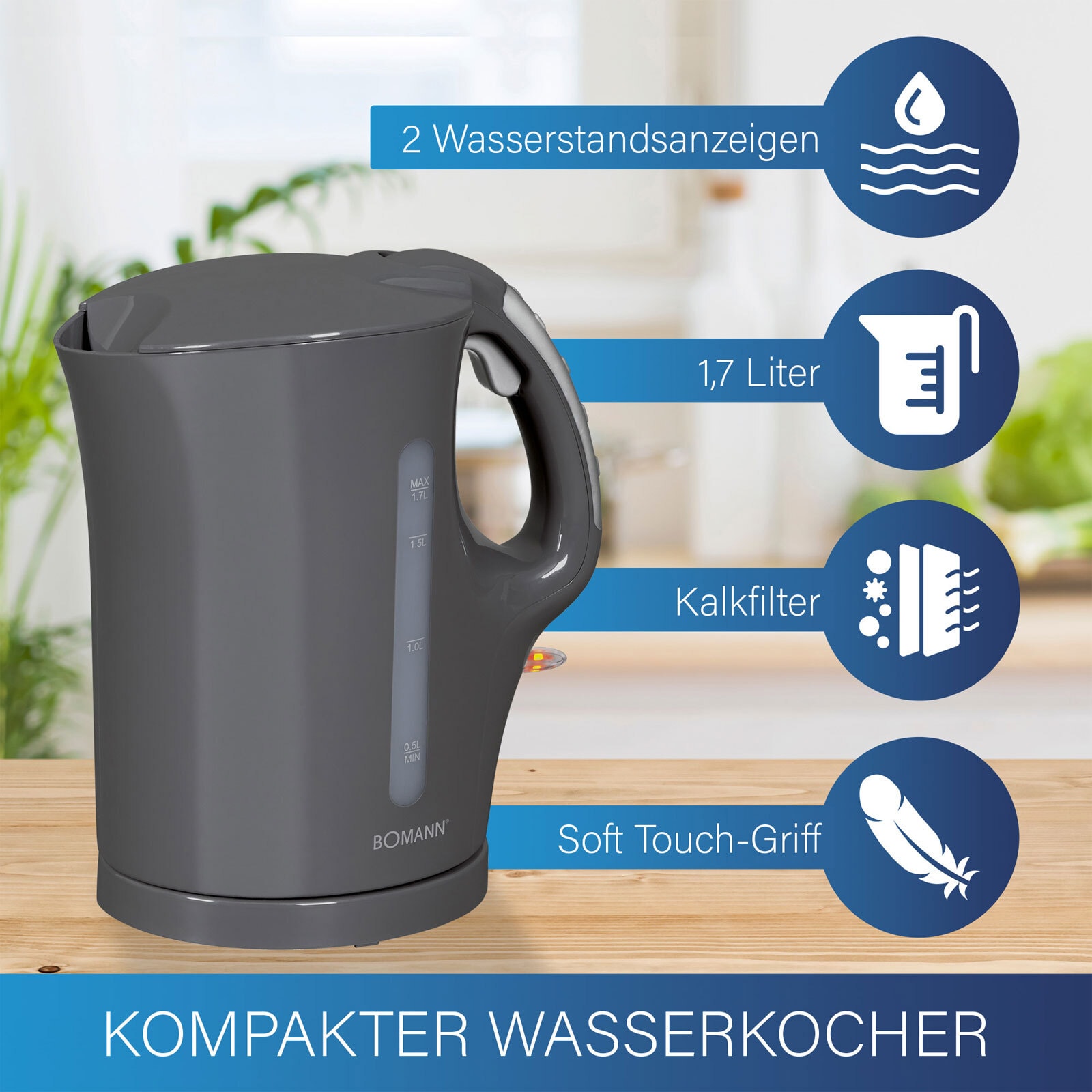BOMANN Wasserkocher WK 5011 CB 1,7 Liter grau