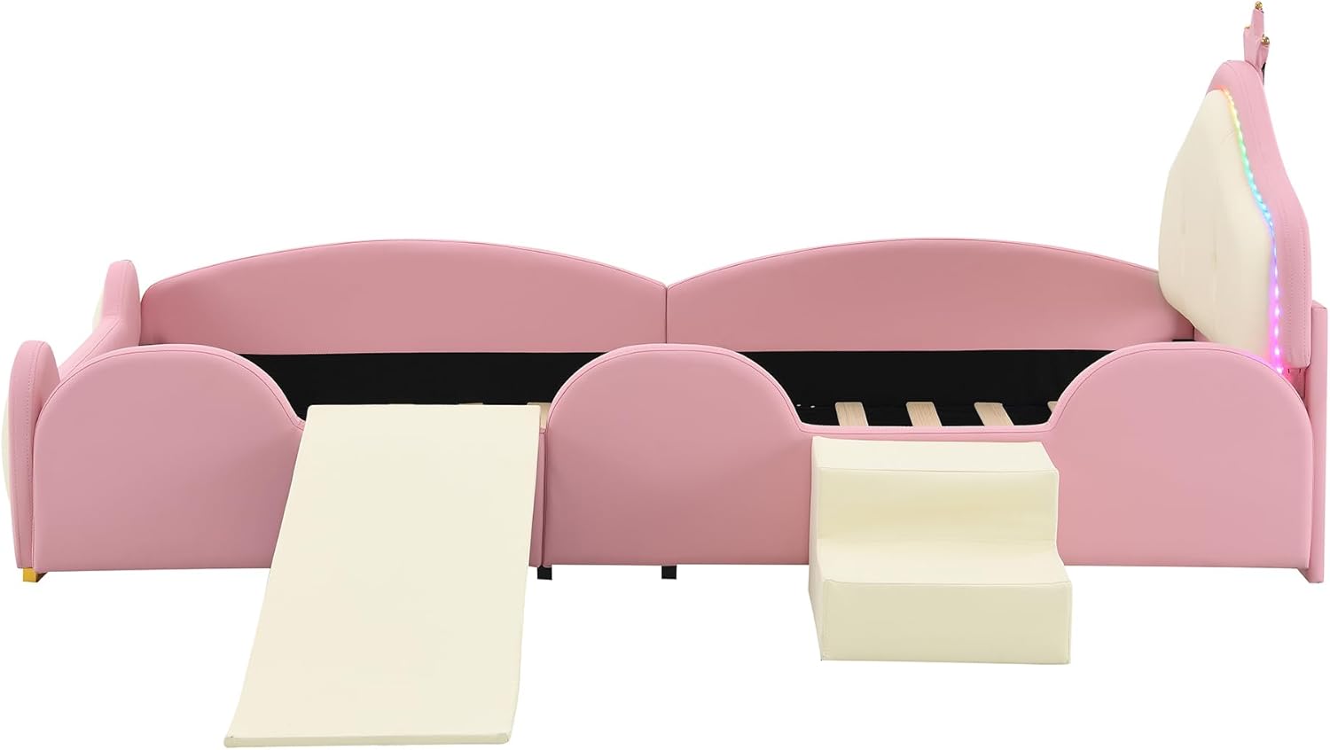 Polsterbett, Crown Cartoon Bett mit mehrfarbigem Multi-Mode-LED-Streifen, Kinderbett mit Kleiner Rutsche und Treppe, mit schützenden weichen Kanten, mit Holzlatten, PU, Rosa + Beige, 90x200cm