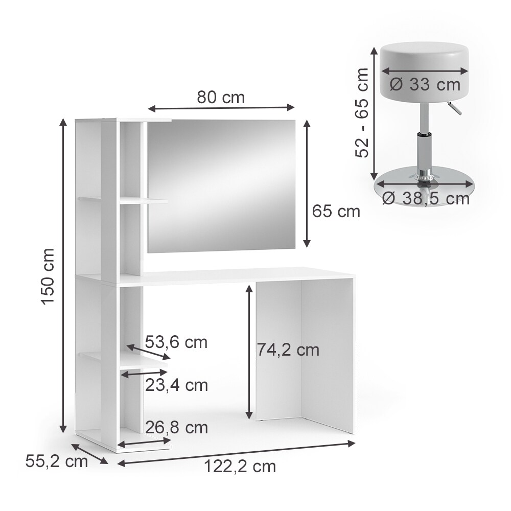 Vicco Schminktisch Tower Weiß 122 x 55 cm mit Spiegel und Hocker