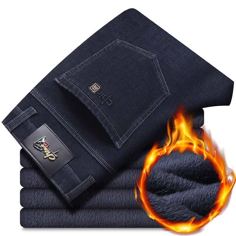 Nataro - Hoge taille geborduurde fleece-gevoerde gewassen rechte jeans