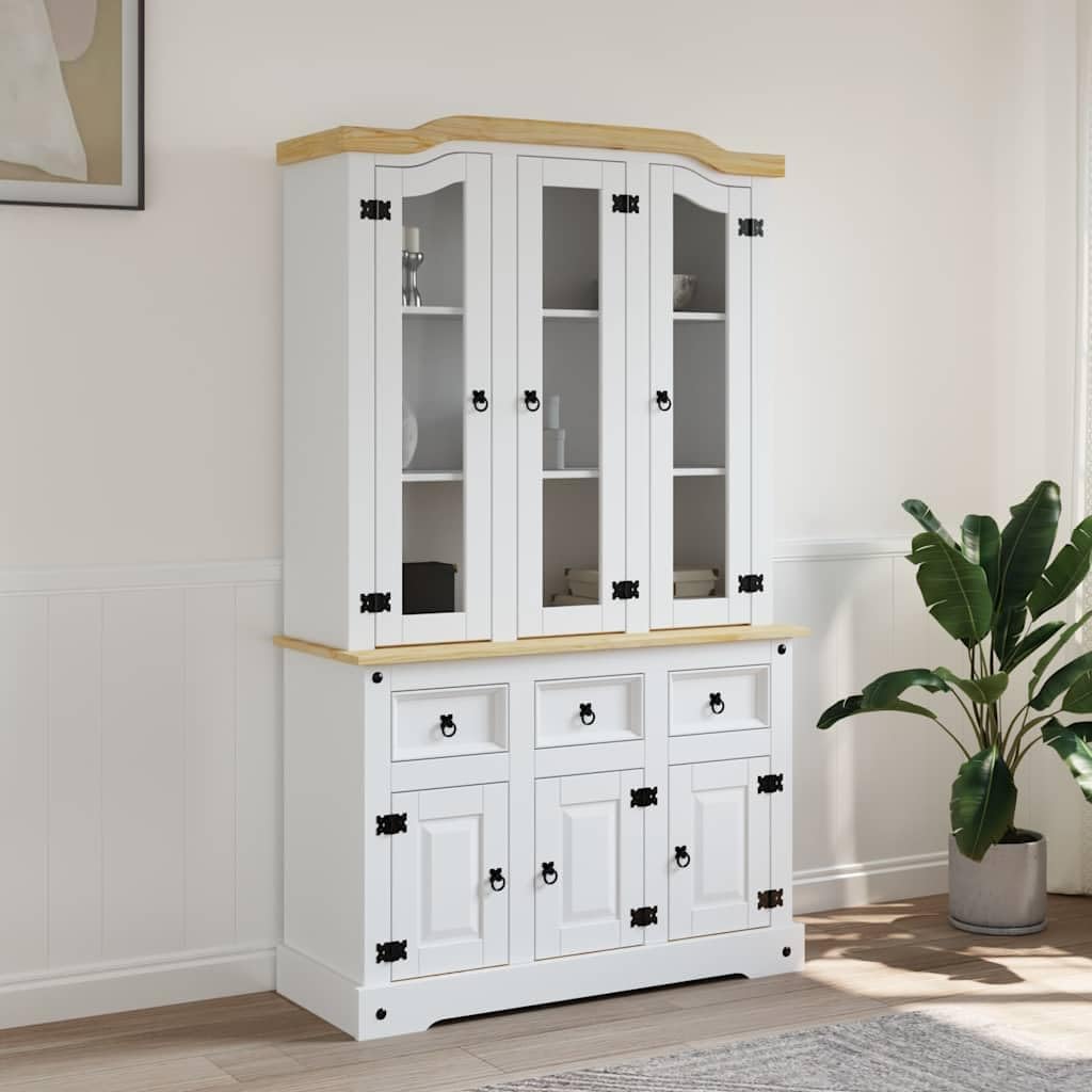 vidaXL Massivholz Highboard Anrichte Wohnzimmerschrank Vitrinenschrank Buffetschrank Landhaus Corona 112x43x196 Weiß Mexikanische Kiefer