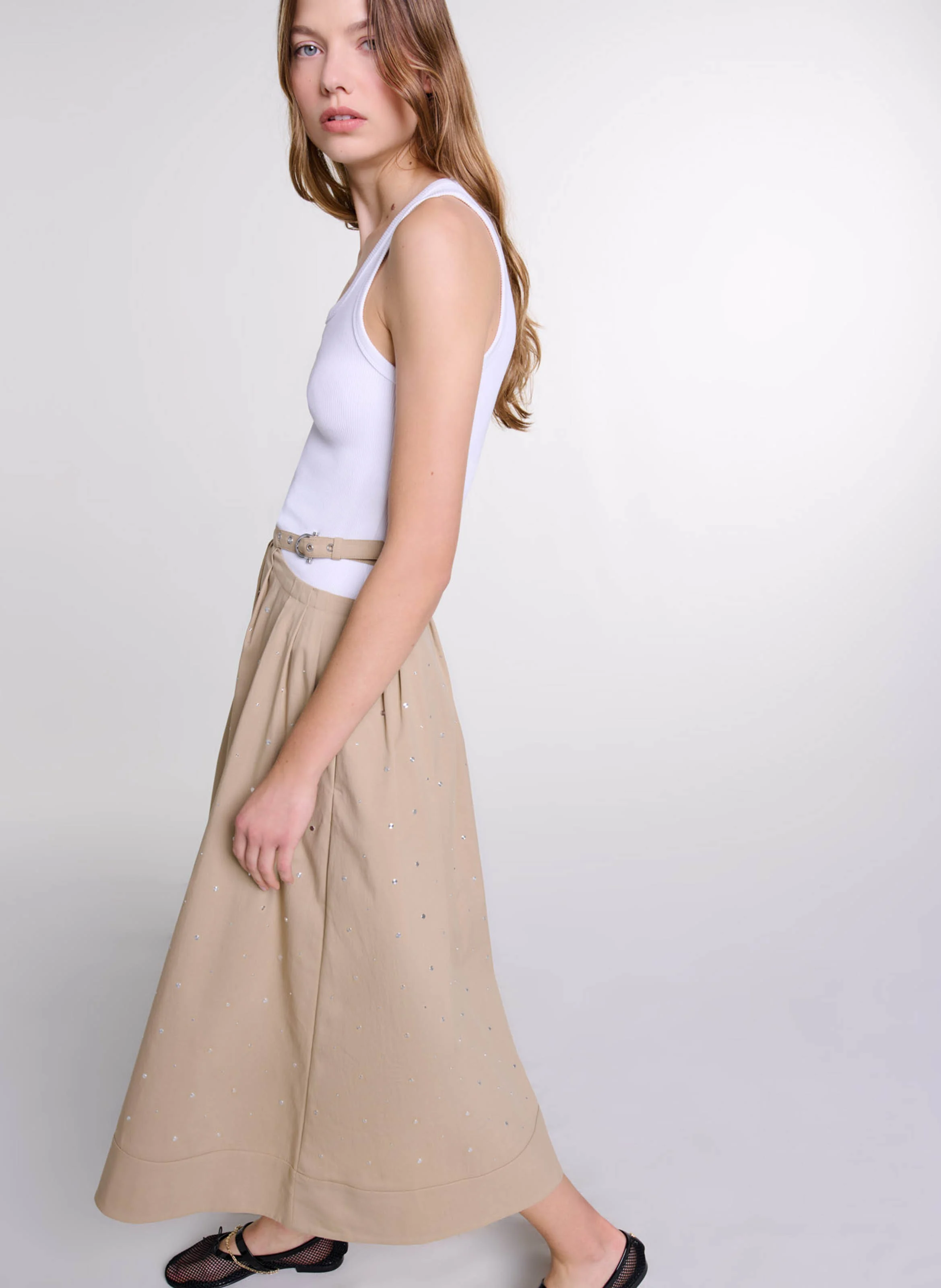 Jupe longue évasée en coton mélangé | Beige