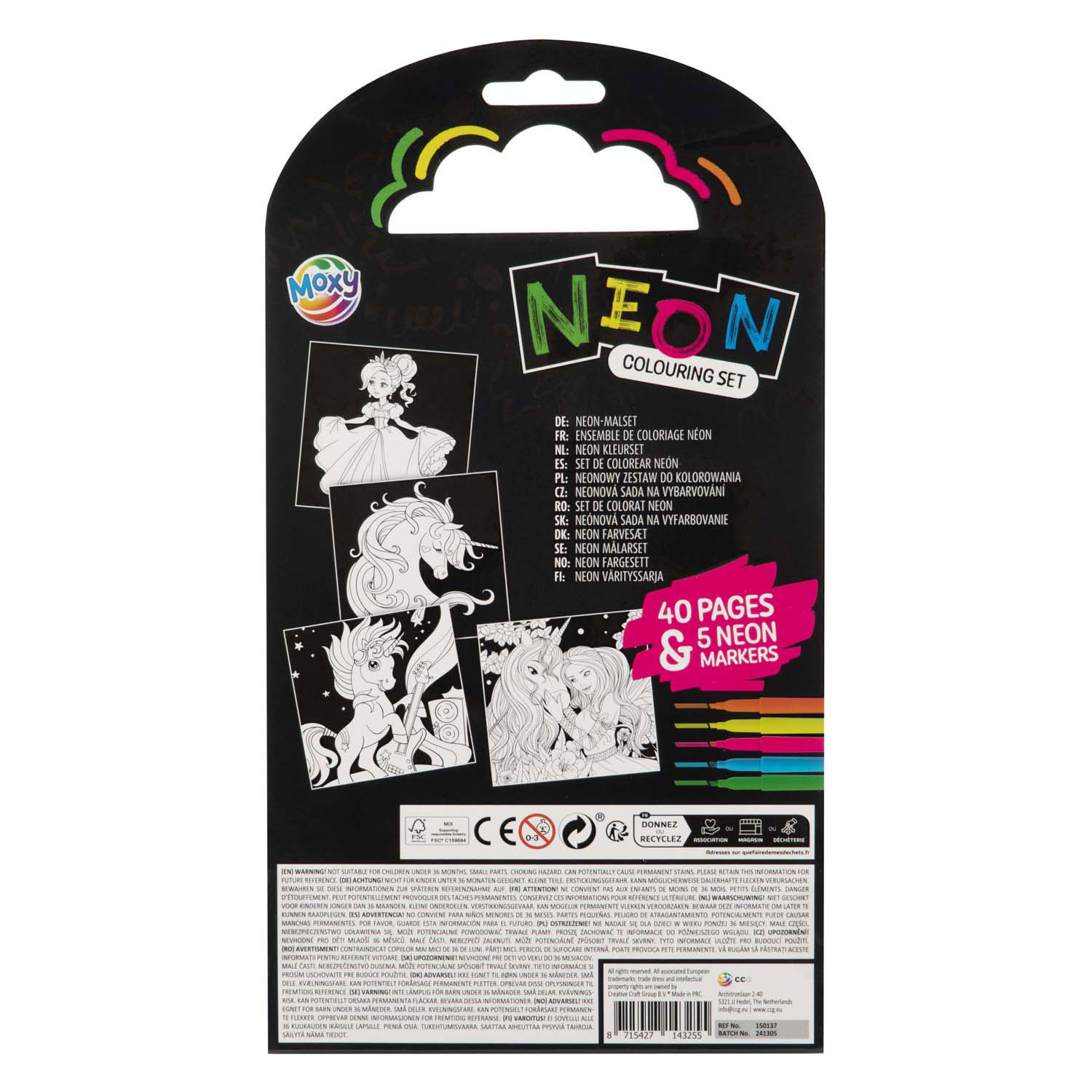 Kleurboek Eenhoorn met 5 Neon Stiften, 40 Vellen