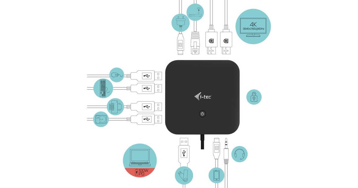 i-tecUSB-C Dual Display Docking Station + Power Delivery 100 W  (Zwart, Incl. Universal Charger 112 W)